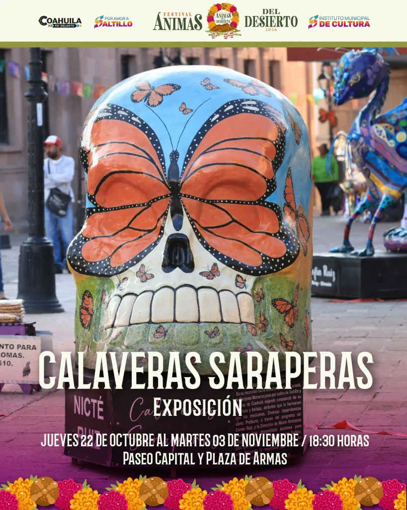 Póster de la exposición Calaveras Saraperas, del 22 de octubre al 3 de noviembre en Paseo Capital y Plaza de Armas