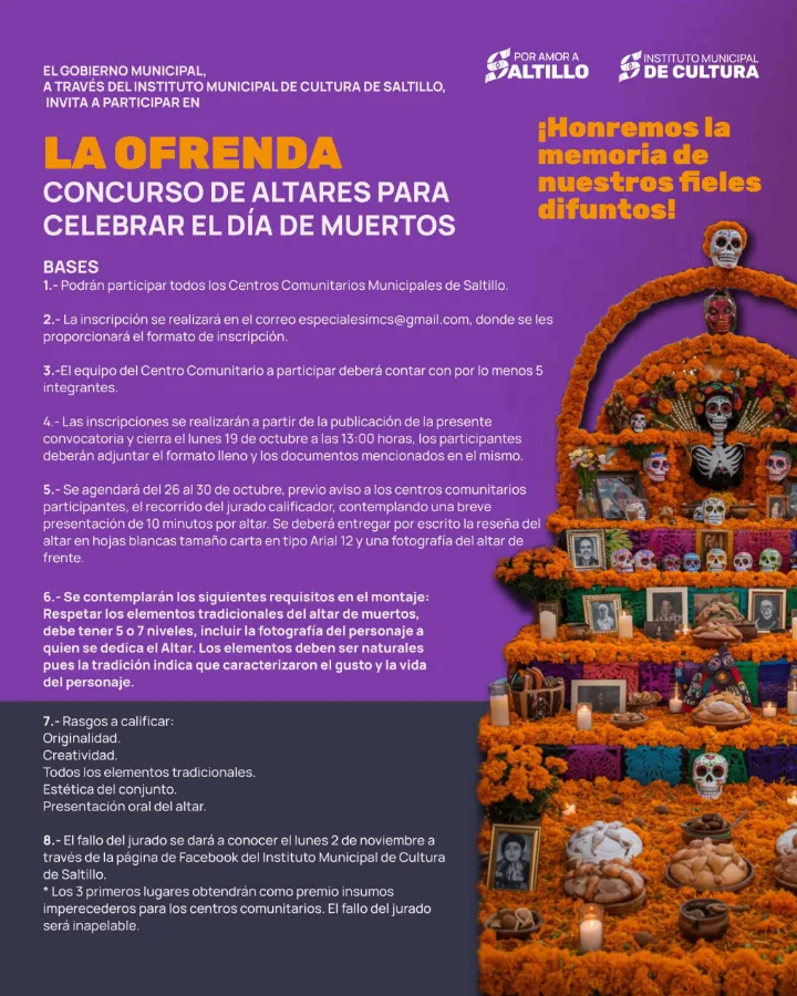 Póster de La Ofrenda, concurso de altares para celebrar el Día de Muertos en los Centros Comunitarios Municipales de Saltillo