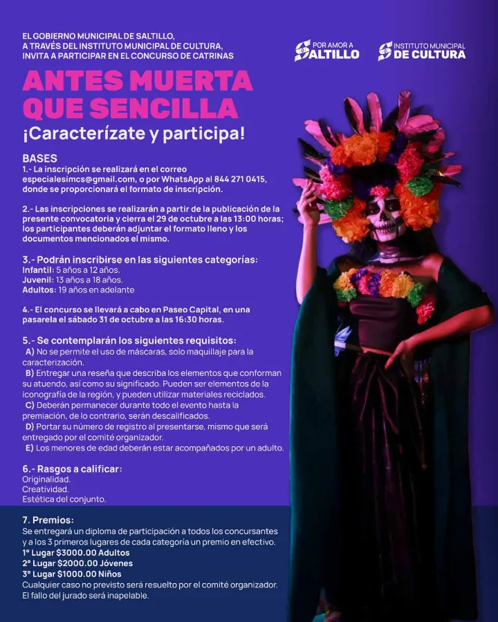 Póster del concurso de catrinas Antes muerta que sencilla, pasarela en Paseo Capital el sábado 31 de octubre a las 16:30