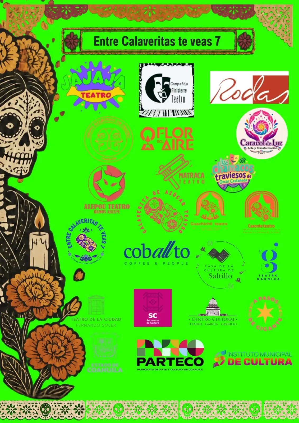 Logotipos de compañías participantes e instituciones que apoyan el festival Entre Calaveritas te veas 7 en Saltillo