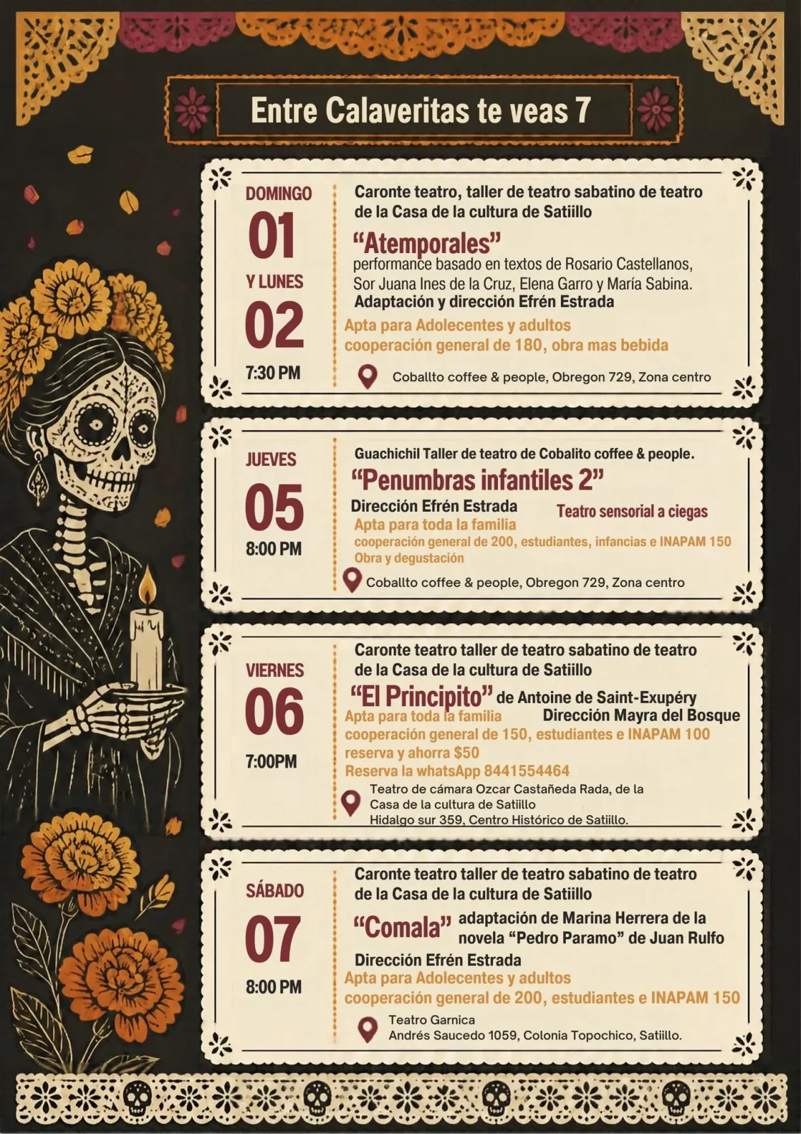 Programa de Entre Calaveritas te veas 7 del 1 al 7 de noviembre: Atemporales, Penumbras infantiles 2, El Principito y Comala, con catrina y cempasúchil
