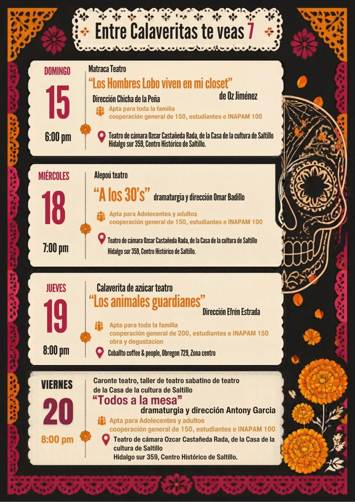 Programa de Entre Calaveritas te veas 7 del 15 al 20 de noviembre: Los hombres lobo viven en mi clóset, A los 30's, Los animales guardianes y Todos a la mesa