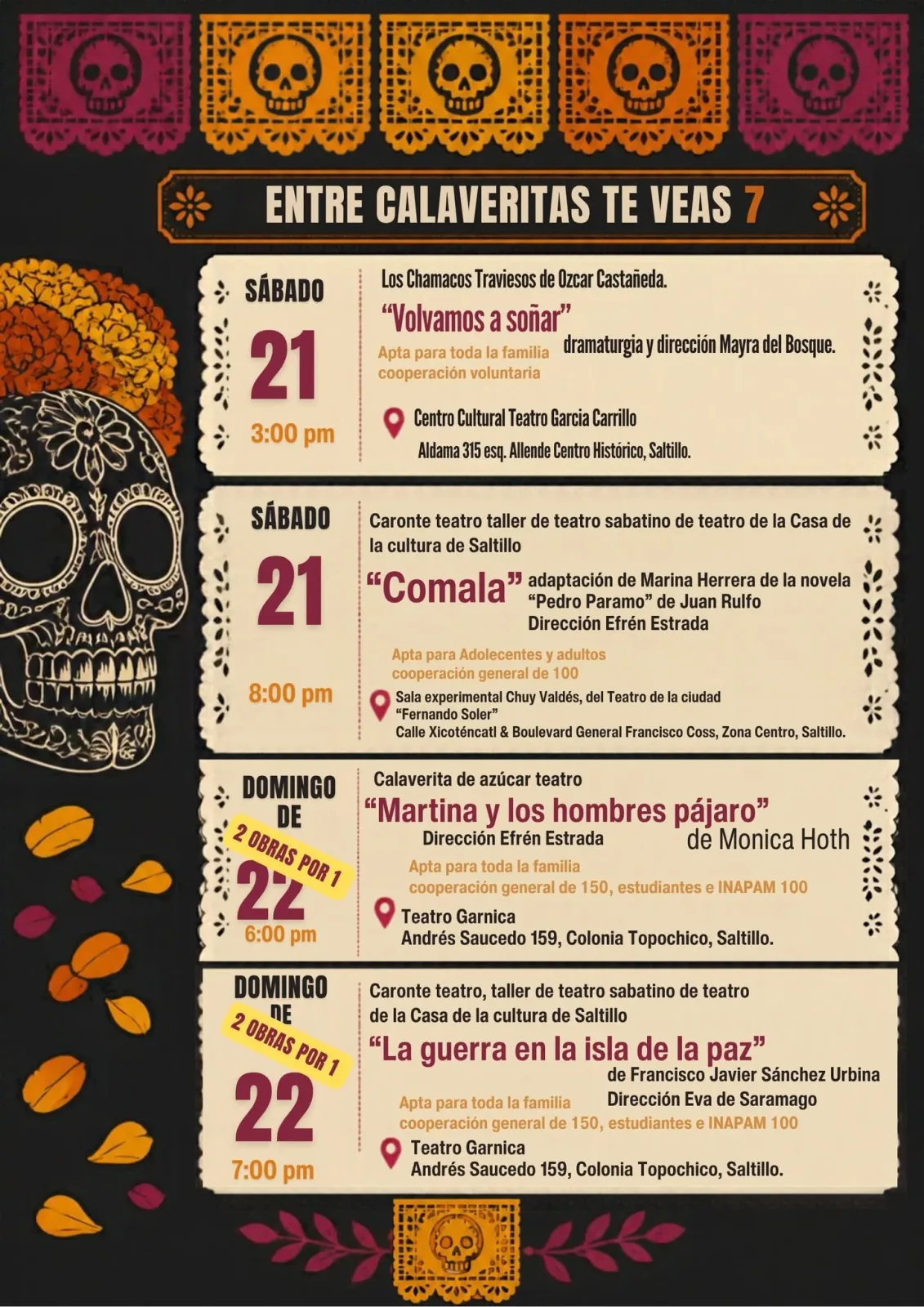 Programa de Entre Calaveritas te veas 7 del 21 y 22 de noviembre: Volvamos a soñar, Comala, Martina y los hombres pájaro y La guerra en la isla de la paz