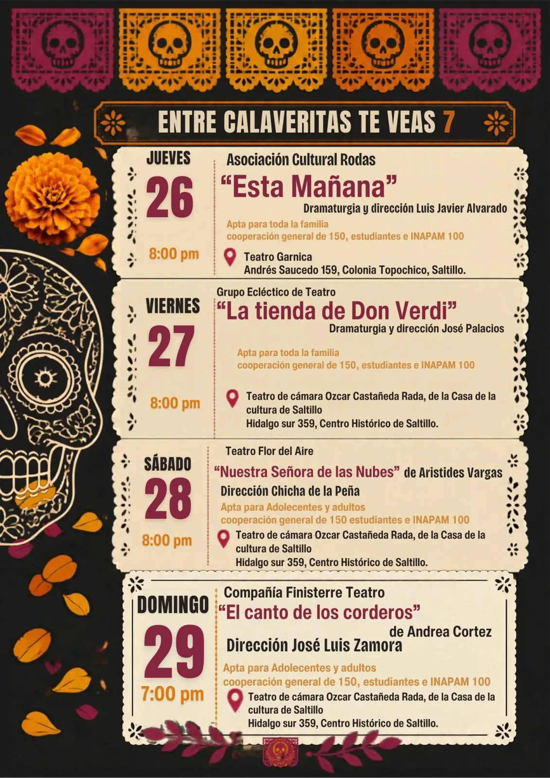 Programa de Entre Calaveritas te veas 7 del 26 al 29 de noviembre: Esta mañana, La tienda de Don Verdi, Nuestra señora de las nubes y El canto de los corderos