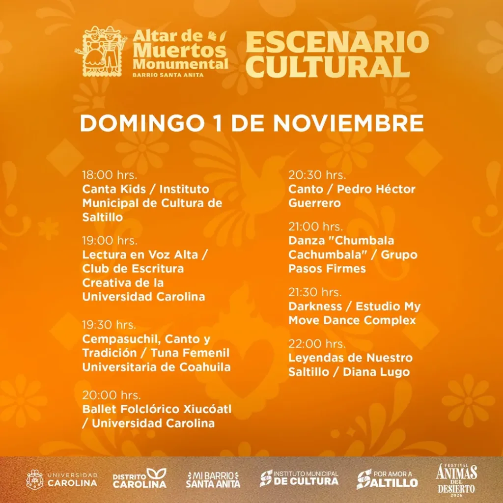 Cartel del Escenario Cultural del Altar de Muertos Monumental del Barrio de Santa Anita con el programa del domingo 1 de noviembre de 2026