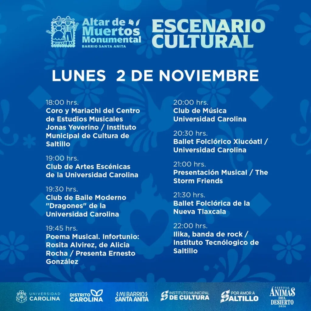Cartel del Escenario Cultural del Altar de Muertos Monumental del Barrio de Santa Anita con el programa del lunes 2 de noviembre de 2026