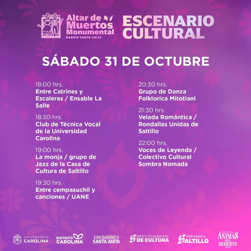 Cartel del Escenario Cultural del Altar de Muertos Monumental del Barrio de Santa Anita con el programa del sábado 31 de octubre de 2026