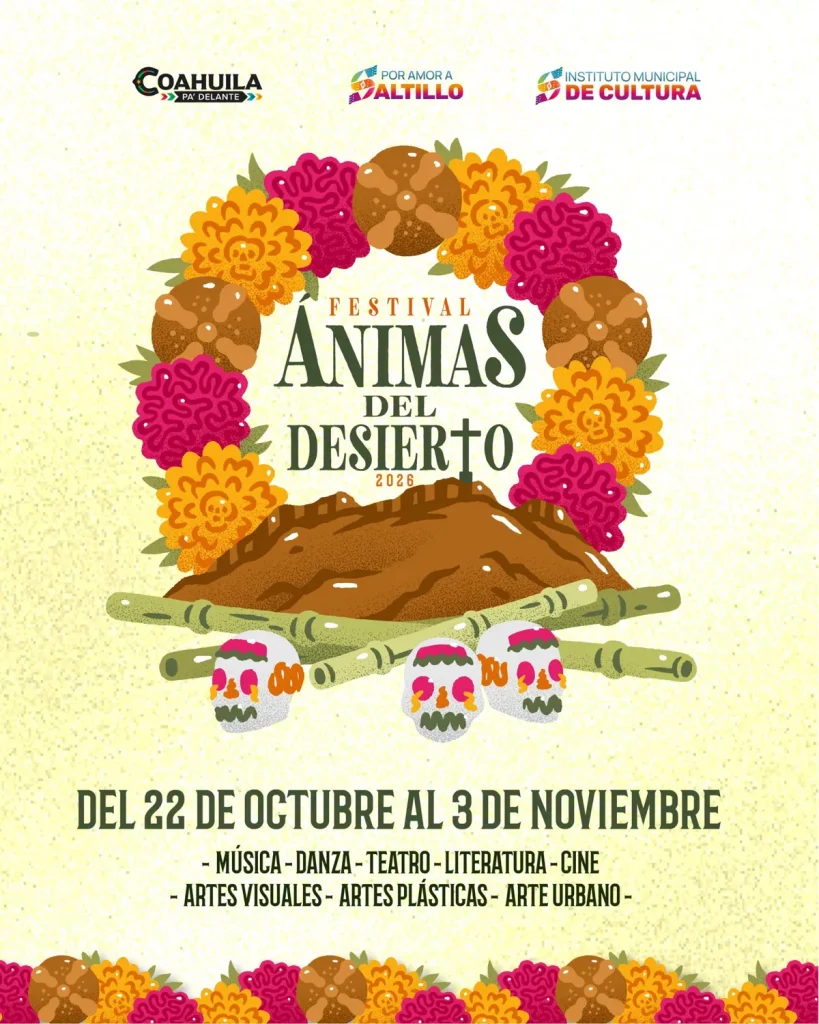 Cartel del Festival Ánimas del Desierto 2026, del 22 de octubre al 3 de noviembre: música, danza, teatro, literatura, cine, artes visuales, artes plásticas y arte urbano