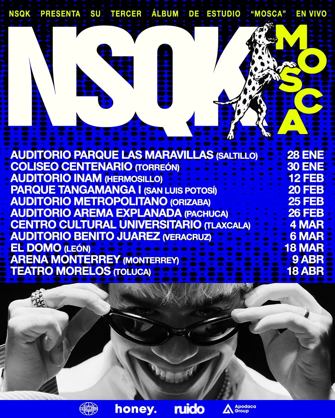 Cartel de la gira MOSCA de NSQK por México en 2027, con fechas del 28 de enero en Saltillo al 18 de abril en Toluca