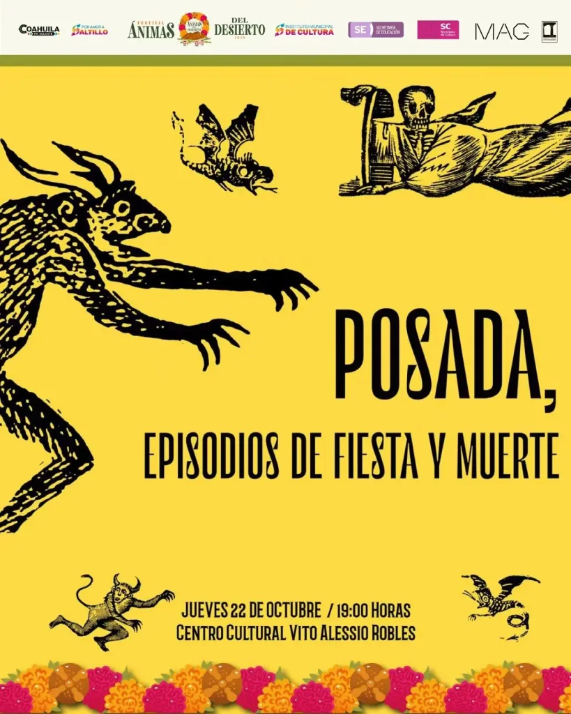Cartel amarillo de la exposición Posada, episodios de fiesta y muerte, con grabados de calaveras y diablos, jueves 22 de octubre a las 19:00 horas en el Centro Cultural Vito Alessio Robles